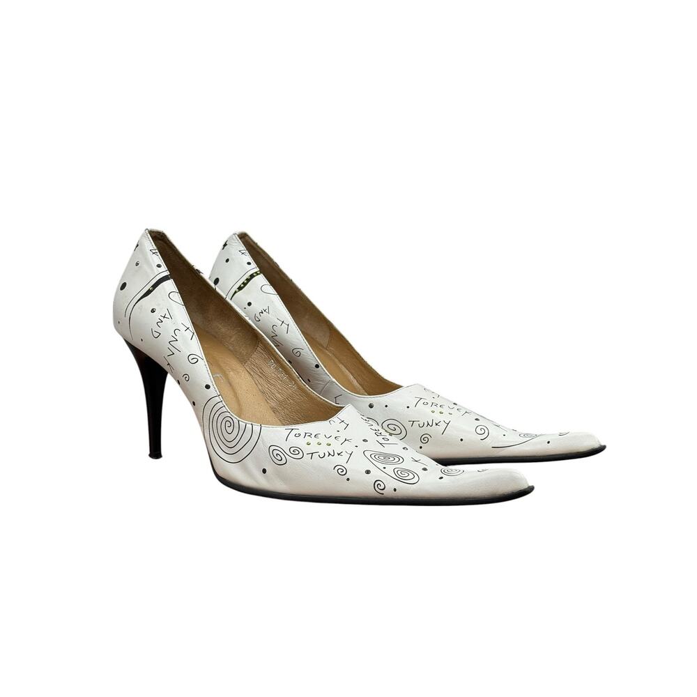 QIGE Doodle Pointed Toe Heel SZ 38 Women’s Stiletto White Black Artistic‎ Whimsy